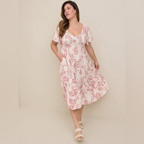 Torrid Midi Challis Flutter Sleeve Paisley Print Linen Surplice Dress NWT - Picture 2 of 10